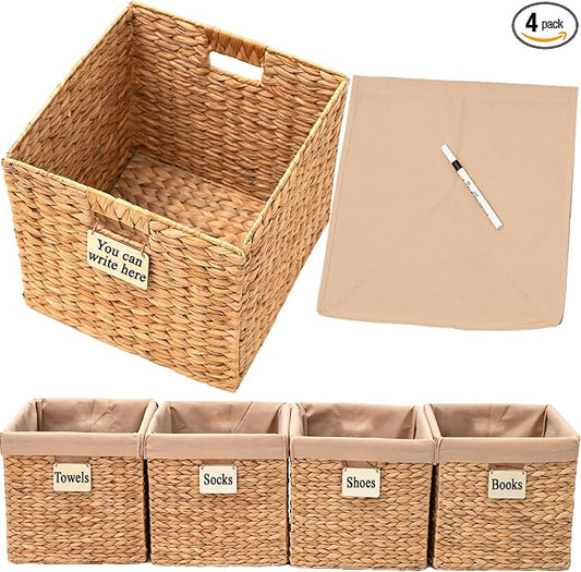 Water Hyacinth Storage Baskets For Organizing, Wicker Baskets For Storage Cube Organizer, Rattan Basket Set, Woven Basket Organizer, Canastas Para Organizar, Cube Shelf, Cubes Bins 12x12 In, 4 Psc by TRUTHEQUEEN