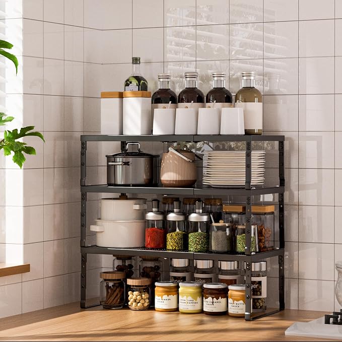 Cabinet Shelf,Expandable Adjustable Stackable Kitchen Organizer,for cabinets, Kitchens, countertops, bathrooms Shelf Organizer(3Packs/Black,Large) - Image 2