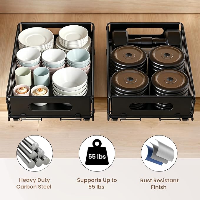 2 Pack Pull Out Cabinet Organizer, Heavy Duty Slide Out Drawer with No Drill Adhesive or Screw Mount, Carbon Steel Roll Out Shelf for Kitchen Cabinet, Pantry & Bathroom Storage - Image 5