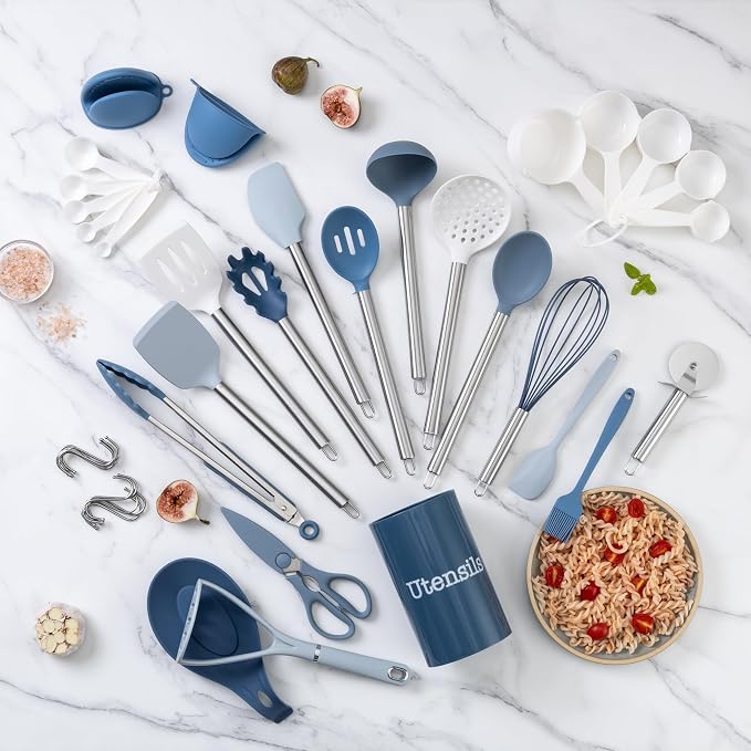 COOK WITH COLOR Silicone Cooking Utensils, Kitchen Utensil Set, Easy to Clean Silicone Kitchen Utensils, Cooking Utensils for Nonstick Cookware, Kitchen Gadgets Set, 38 Piece, Blue and White - Image 6