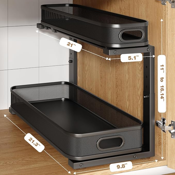 2 Pack 21.3IN-Depth Under Sink Organizer with Smooth Cylindrical Rail,2-Tier Pull Out Multi-Purpose Cabinet Storage for Bathroom&Kitchen,Height Adjustable,Rust-Resistant Coating-Black - Image 2