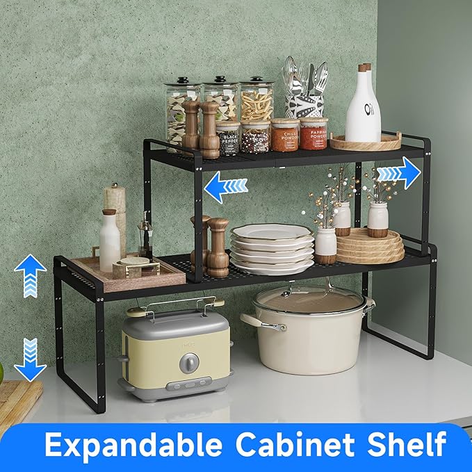 Expandable Kitchen Shelf Organizers, Kitchen Cabinet Organizer Stand Rack Organization for Countertop Office Desktop Spice Rack, Black 2 Pack - Image 3