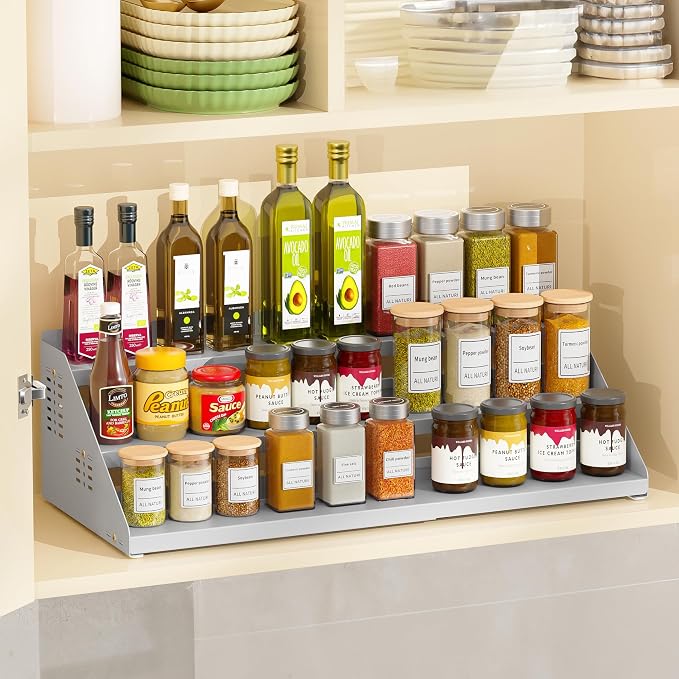 BOIVSHI 3 Tier Spice Cabinet Organizer for Countertop, Spice Shelf - Gray | Expandable Width and Adjustable Height Spice Rack, Metal Tiered Spice Rack Shelf Step Design, Save Cabinet Space - Image 2