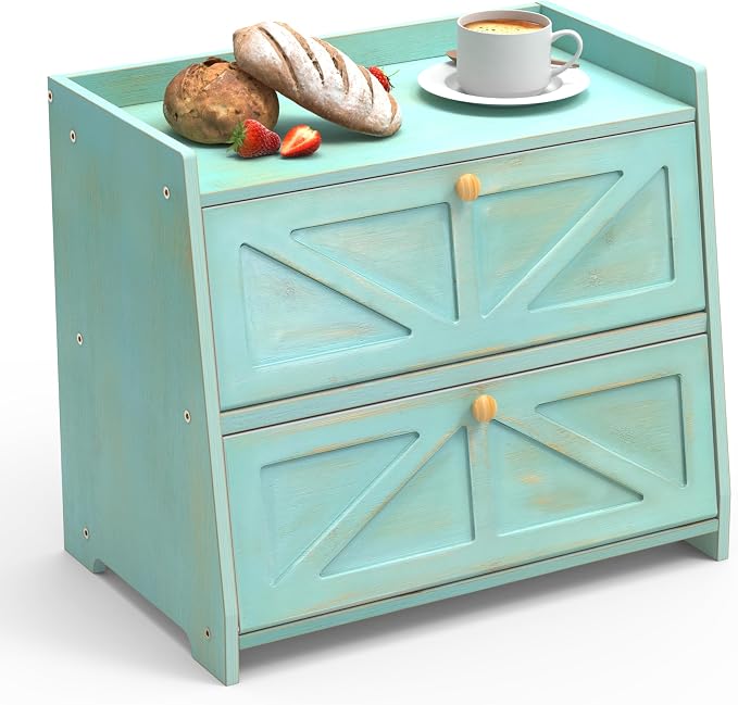 Trironsun Vintage Double Layer Bread Box for Kitchen Counter Bamboo Bread Storage Container Large Capacity Bread Storage Bin (Antique Blue) by TrironsunHome