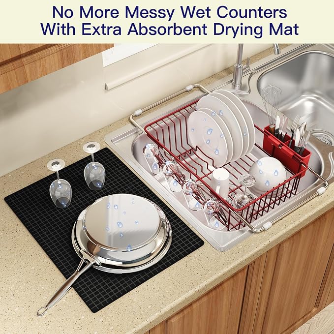 Red Dish Drying Rack Over The Sink with Utensil Holder, Mat | Expandable Stainless Steel Dish Drainer for Small Kitchen, Apartment, RV, Counter Space Saving, Perfect Fit, Rustproof - Image 5
