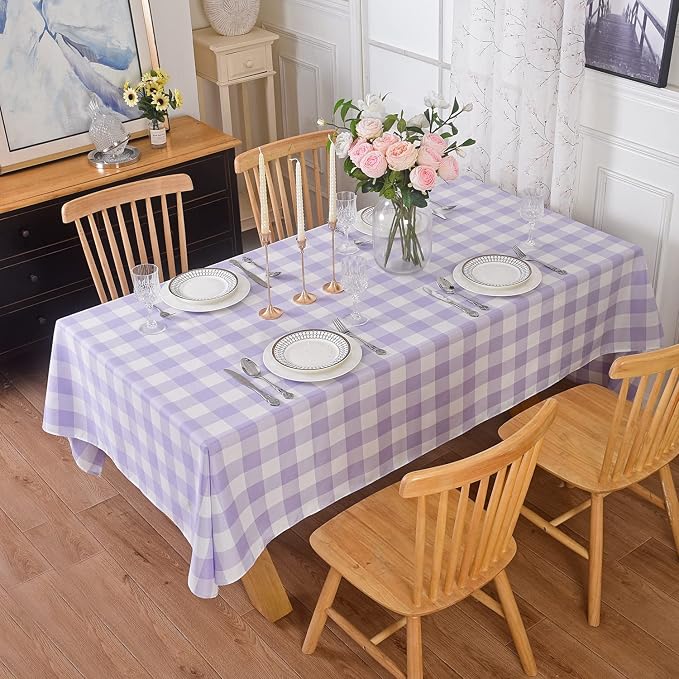 Cupuamon 2 Pack Waterproof Polyester Fabic Rectangle Checkered Tablecloth，60x84 Outdoor Table Cloth，Oil Stain Prevention Table Cloth for Pinics and Parties（Lavender and White） by Cupuamon