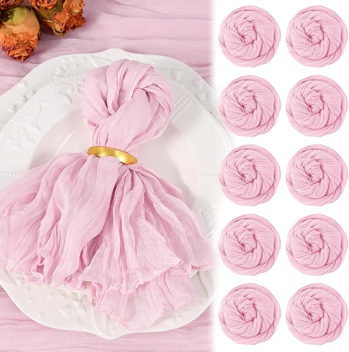 10 Pack Pink Cheesecloth Napkins 20"x20" Boho Washable Cloth Napkins Set of 10 Wrinkled Cheese Cloth Napkins Gauze Dinner Table Napkin for Wedding Party Baby Shower Birthday Decor by Showgeous