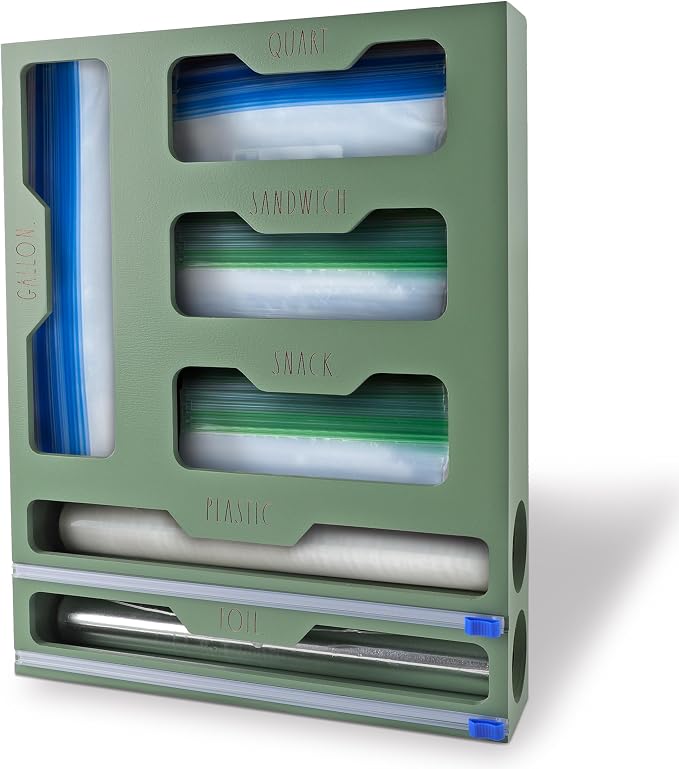 Rae Dunn Bamboo Bag Organizer for Kitchen Drawer - Durable Wood Organizer for Kitchen Storage - Holds Gallon, Quart, Snack, Sandwich Size Baggies, Plastic Wrap and Foil by RaeDunn
