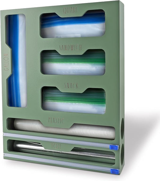 Rae Dunn Bamboo Bag Organizer for Kitchen Drawer - Durable Wood Organizer for Kitchen Storage - Holds Gallon, Quart, Snack, Sandwich Size Baggies, Plastic Wrap and Foil by RaeDunn