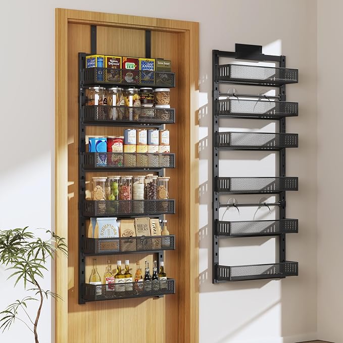 Pantry Door Organizers and Storage, 6-Tier Large Metal Heavy-Duty Frame Over the Door Spice Rack, 2 in 1 Wall-Mounted or Hanging shelf for Kitchen, Bathroom, Laundry Room, Bedroom, Closet &Nursery by DAOTENGQL