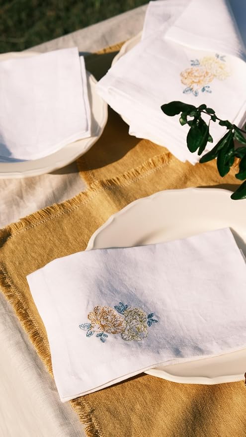 White Linen Napkins Set of 4-100% Pure Linen Embroidered Dinner Napkins, Washable Reusable, 19 x 19 Inch for Spring Summer Mother's Day - Botanical Embroidery (Rose Garden Collection) - Image 6