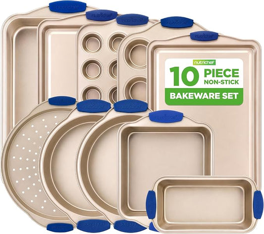 NutriChef Kitchen Oven Baking Pans - Deluxe Nonstick Gold Coating Inside & Outside Carbon Steel Bakeware Set With Blue Silicone Handles, Durable & Reliable Cookie Sheet Oven Pan Style by NutriChef%E2%84%A2Kitchen