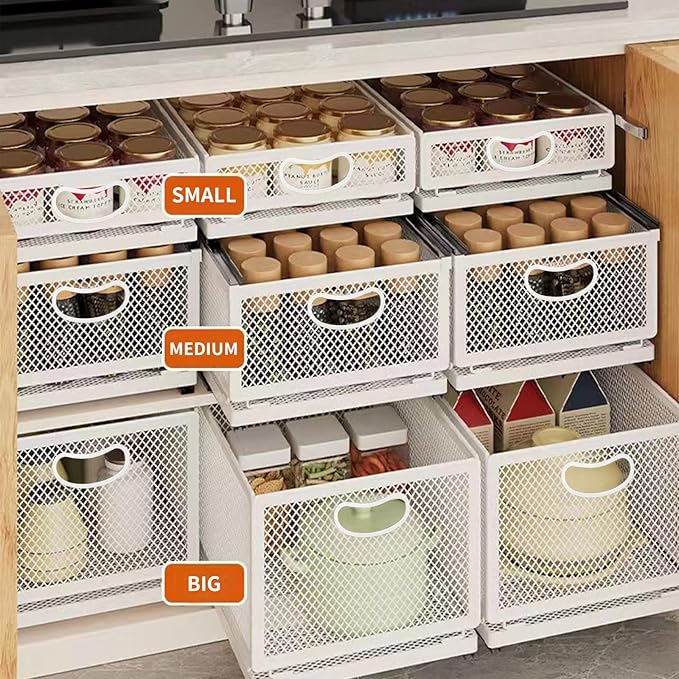 Sliding Cabinet Basket Organizer Drawer Self Adhesive Slide out Pantry Shelves Heavy Duty Carbon Steel Slide Cabinet Storage Basket with Handle for Bathroom Kitchen Home - Image 4