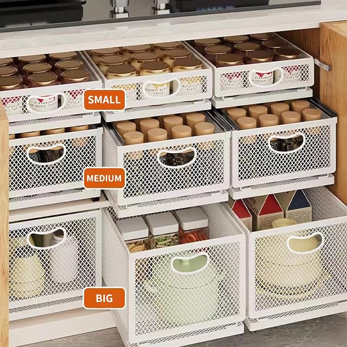 Sliding Cabinet Basket Organizer Drawer Self Adhesive Slide out Pantry Shelves Heavy Duty Carbon Steel Slide Cabinet Storage Basket with Handle for Bathroom Kitchen Home - Image 5