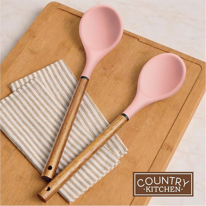 Country Kitchen Non Stick Silicone Utensil Set with Rounded Wood Handles for Cooking and Baking, 8 Piece Set, Pink - Image 7