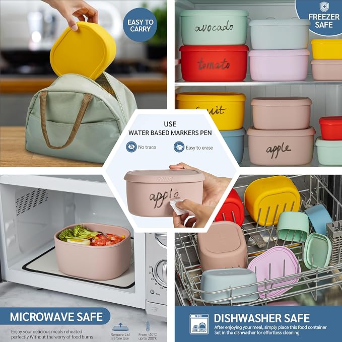 ISSEVE 12Pcs/Set Nesting Silicone Food Storage Containers with Lids | BPA-free, Reusable, Meal Prep Containers, Small Freezer Portions, Dishwasher Cleaning, Nested Cabinet Storage, 5 Sizes, Pink - Image 6