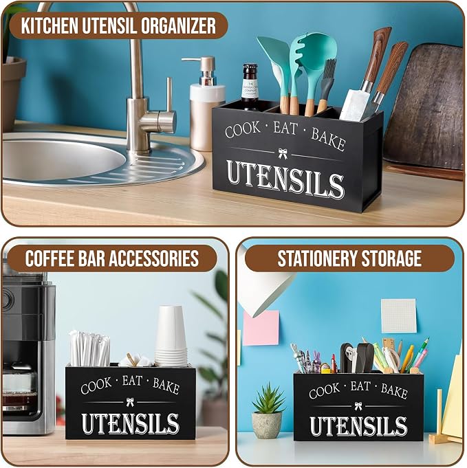 Extra Large Kitchen Utensil Holder with 4 Compartments, Wooden Countertop Organizer, Rustic Black Farmhouse Decor for Cooking Tools, Spoons, Spatulas, Knives & Forks - Image 3