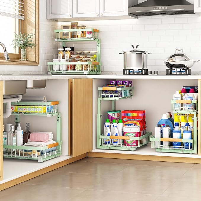 PXRACK Under Sink Organizer, Adjustable Height, 2 Tier Pull Out Under Cabinet Organizer, Slide Out Thickened Metal Under Sink Storage for Kitchen Bathroom Laundry Pantry Cabinet, Green, Large-1-Pack - Image 7