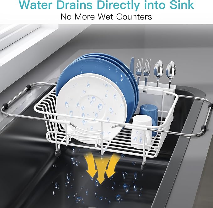 JASIWAY White Dish Drying Rack in Sink with Utensil Holder, RV, Apartment | Over Sink Expandable Stainless Steel Dish Drainers for Compact Kitchen, Space Saving, Fast Drain, Rustproof, For 1-2 people - Image 6