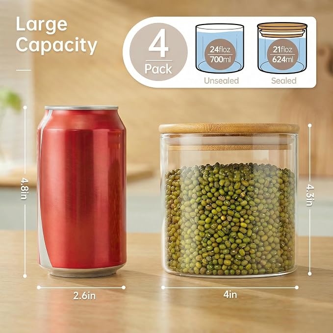 21 oz Glass Jars with Bamboo Lids, Airtight Food Storage Containers, 4 Pack | Round Small Pantry Jars for Spices, Nuts & Seeds , 3mm Borosilicate Glass Canisters Keep Food Fresh, Easy to Fill & Clean - Image 3