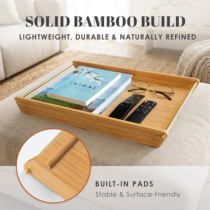 Bamboo Serving Tray with Removable Dividers & Gold Stainless Steel Handles, 16.5" x 11.2" Premium Snack Tray, Charcuterie Tray, Ottoman Tray, Coffee Table Tray for Living Room Decor - Image 3