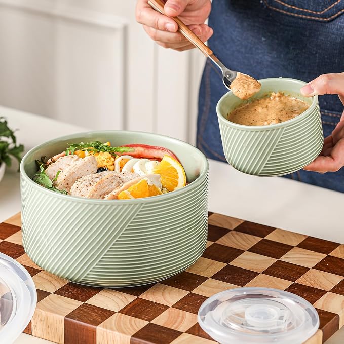 Ceramic Nesting Bowls with Lids, Set of 4, Green | 50/32/20/10 oz Mixing Bowls with Lids - Porcelain Food Storage Containers For Prep and Serving, Microwave Safe - Image 7