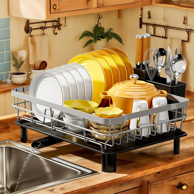 MOUKABAL Dish Drying Rack with Drainboard for Kitchen Counter, Grey | 13×17 Large Capacity/Rustproof Stainless Steel/Fast Drainage Dish Drainer/Removable Utensil Holder/Kitchen Counter Organizer by MOUKABALGREATHELPER