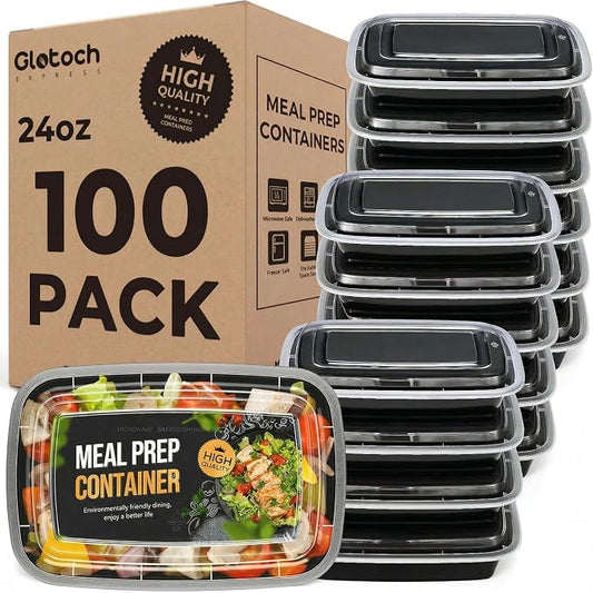 Meal Prep Containers 24oz-100 Pack (200-Piece) Reusable Food Storage Containers with Lids Microwave, Freezer, Dishwasher Safe - Leakproof & BPA Free Durable Plastic Bento Box for To Go Take Out by GlotochExpress