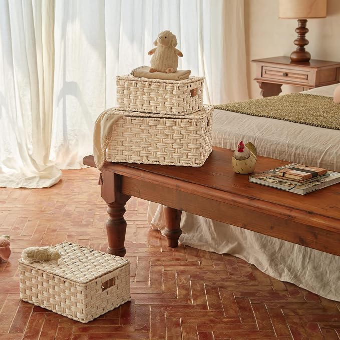 Granny Says Wicker Baskets With Lids, Woven Storage Basket With Lid | Woven Baskets With Lids, Wicker Baskets For Storage, Decorative Storage Boxes, Woven Stackable Basket with Lid for Organizing - Image 3