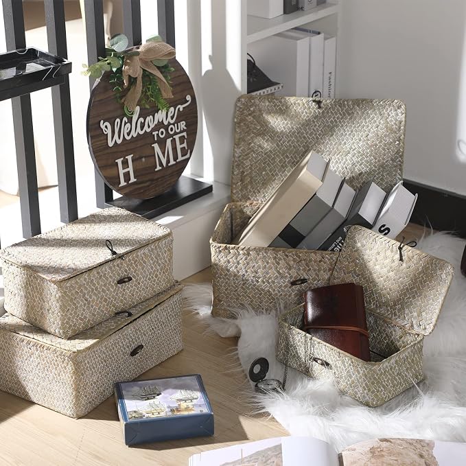 Woanger Set of 4 Wicker Baskets with Lids, Nautral Seagrass Storage Baskets, Woven Rectangular Basket Bins, Rattan Storage Organizer for Shelf Closet Bedroom(White) - Image 4