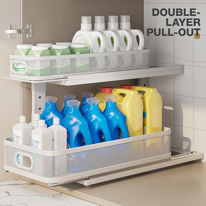 2 Pack 21IN-Depth Under Sink Organizer With Next-Gen Ball-Bearing Slides,2-Tier Precision Mesh Pull Out Cabinet Storage for Bathroom&Kitchen,Height Adjustable Drawers Shelf,Anti-rust-White - Image 4