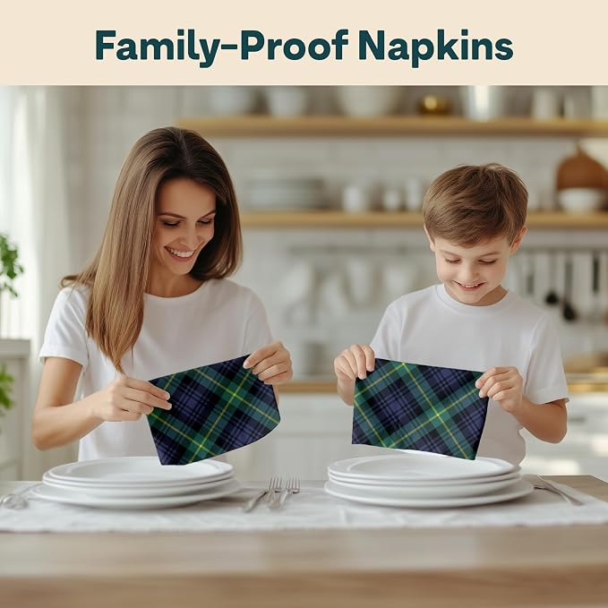 Blue & Green Tartan Cloth Napkins Set of 12 | Decorative Plaid Dinner Napkins | Made in The USA | Stain-Resistant & Absorbent | Reusable - Image 6