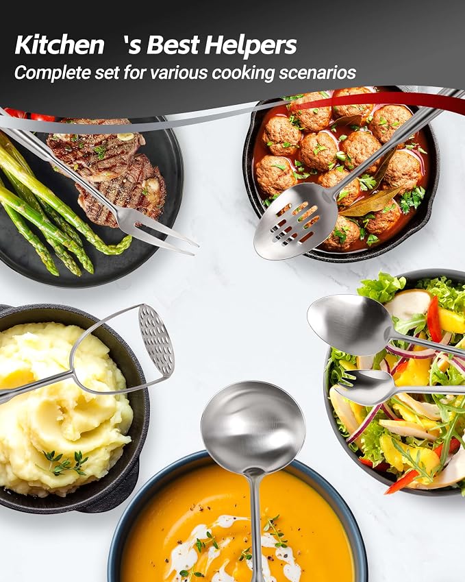 304 Stainless Steel Kitchen Utensils Set, 18PCS All Metal Cooking Tools Set with Whisk, Masher, Tongs, Ladle, Turner, Skimmer & Serving Spoons, Heavy Duty Dishwasher Safe Kitchen Gadget Set - Image 9