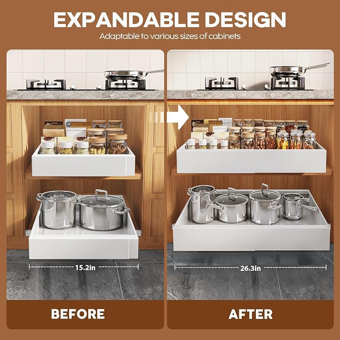 Seinloes 4 Pack Expandable Width (15.15"-26.3") Pull Out Cabinet Organizer 21" Deep with Raising Pad for Framed Cabinets, Upgrade 3 Slide Rails Slide Out Drawers, Roll Out Shelves Adhesive, White - Image 3