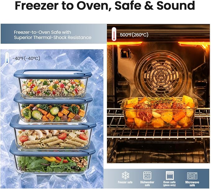 Taree Glass Food Storage Containers with Glass Silicone Lids,22/35oz, Blue | Meal prep,office lunches&eftover storage,borosilicate glass,microwave safe reheating with steam vent,BPA free,dishwasher safe - Image 4