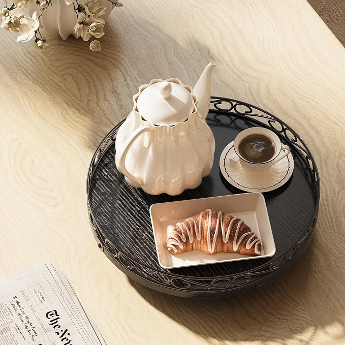 10" Lazy Susan Turntable Organizer for Table Top, Wood Lazy Susan Cabinet | Farmhouse Rotating Decor Tray for Dining Table, Pantry, Kitchen Countertop, Spice, Bathroom Vanity, Round Patterned Rim,Black - Image 7