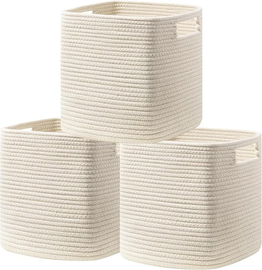 UBBCARE Set of 3 Cotton Rope Basket 11 X 10.5 X 10.5 Inches, Woven Storage Baskets for Shelves, Organizing with Handles, Cube Storage Bins for Storage Books, Magazines, Beige by UBBCARE