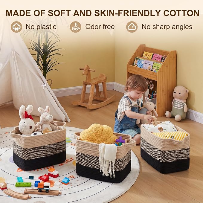 OIAHOMY Storage Basket, Woven Baskets for Storage, Cotton Rope Basket for toys,Towel Baskets for Bathroom - Pack of 3, Black & Brown - Image 3