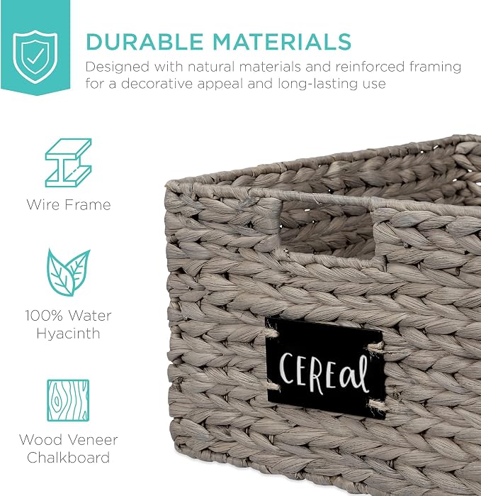 Best Choice Products Pantry Baskets Set of 2 16x12in Water Hyacinth Storage Baskets, Woven Wicker Kitchen Organizers with handles w/Chalkboard Label Chalk Marker - Gray - Image 5