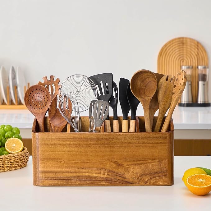 Wooden Utensil Holder for Kitchen Counter, Acacia Wood Kitchen Utensil Holder for Countertop with 4 Compartment, Cooking Utensil Organizer, Silverware Caddy (Acacia Wood, 4Compartment) - Image 3