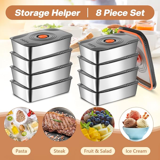 Layhit 16 Sets 60oz Stainless Steel Food Storage Containers with Lids Large Reusable Stackable Metal Container Outdoor Rectangle Fruit Lunch Box for Picnic Travel Dishwasher and Freezer Safe - Image 4