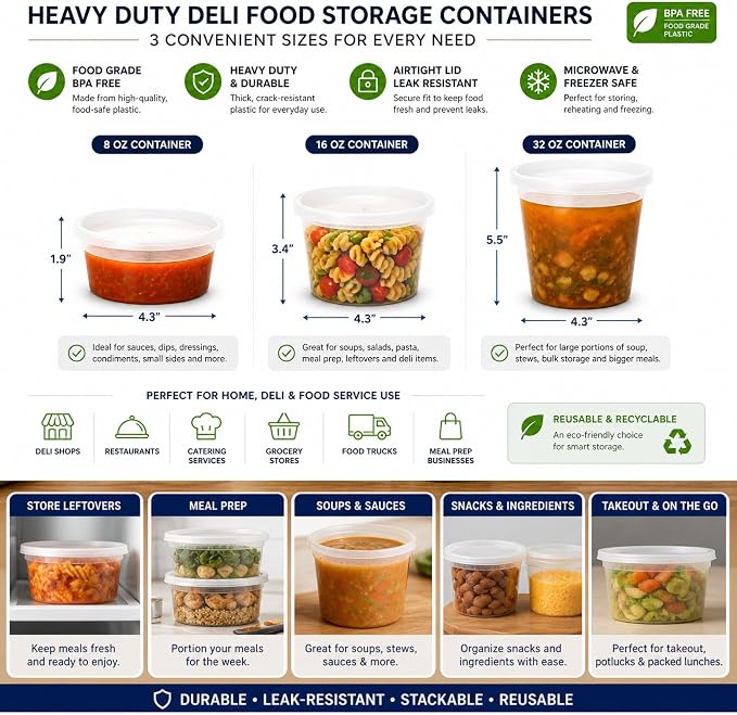 32 Oz Deli Containers with Airtight Lids | Heavy Duty BPA Free Food Storage Cups for Soup Meal Prep Slime Leftovers | Microwave Freezer Safe Reusable Round Containers | 144 Pack - Image 8