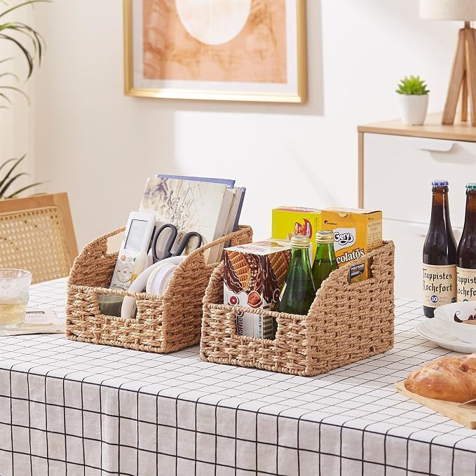 OIAHOMY Pantry Baskets for Organizing, Paper Rope Baskets with Built-in Handles, Wicker Storage Baskets for Shelves, 3 Pack-Yellow - Image 8