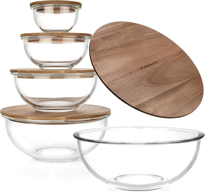 Set of 5 Nesting Glass Bowls with New Updated Acacia Lids for Foodprep, Storage, Mixing & Cooking - Microwave & Oven-ready BPA Free Durable Heat Resistant Inert Borosilicate Glass by Dokaworld