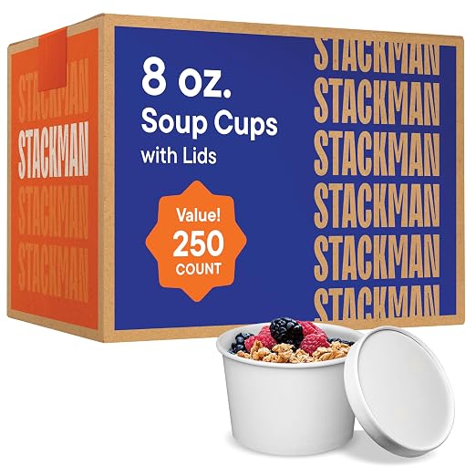 [8 oz. - 250 Sets] Paper Food Container with Lid, Insulated Food Cups with Vented Lids - Hot or Cold To Go Soup Cup, for Soups, Ice Cream and Yogurt - Eco-Friendly - White by StackMan