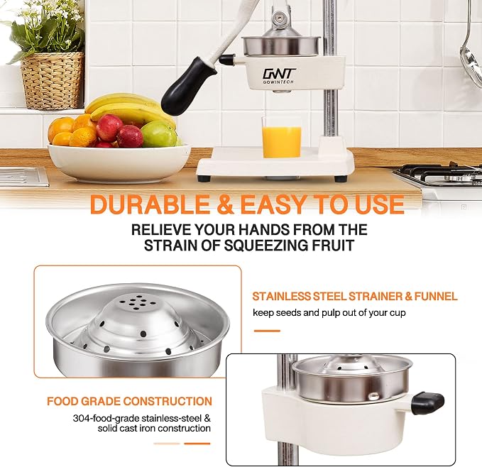 Commercial Heavy Duty Cast Iron Hand Press Manual Orange Citrus Lemon Lime Grapefruit Pomegranate Fruit Juice Squeezer Machine with Stainless Steel Cup White - Image 6
