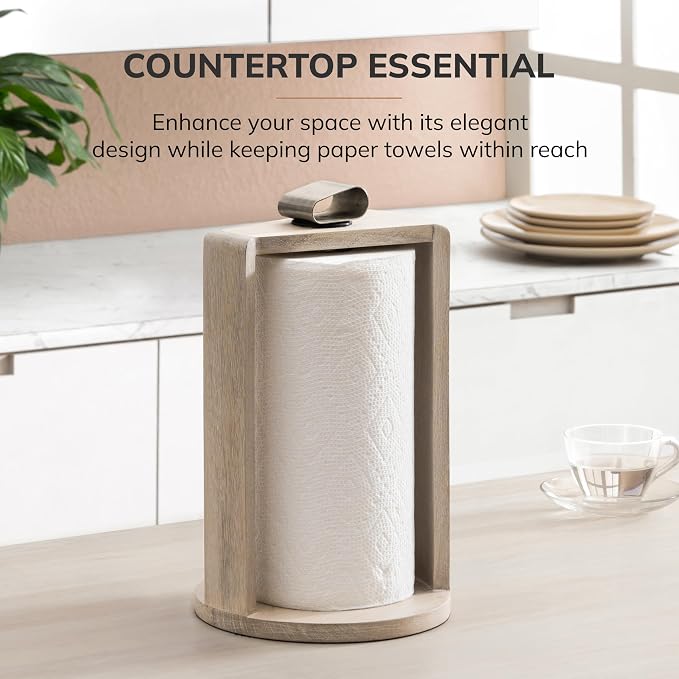 Anji Mountain Wooden Paper Towel Holder with Metal Holder, Holder Stand for Kitchen Roll Organizer & Kitchen Dining Table Home Décor, Countertop Fits Jumbo & Mega Rolls - Whitewash/Nickel, Top Load - Image 6