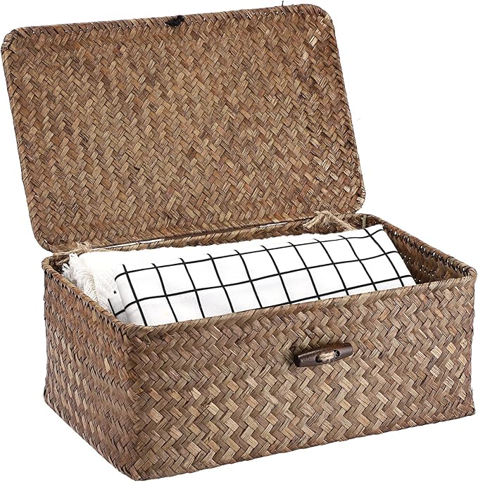 Hipiwe Wicker Shelf Baskets Bin with Lid Small Handwoven Storage Basket Box | Natural Seagrass Basket Bins Rectangular Household Basket Boxes for Shelf Wardrobe Home Organizer, Coffee by Hipiwe
