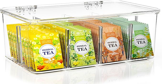 Utopia Home Tea Bag Organizer with Lids, Stackable Tea Box, 1 Pack, Clear | Partition Organizers with Lids For Drawers, Countertops, Fridge, Kitchen, Snack & Spice Organization by UTOPIAHOME