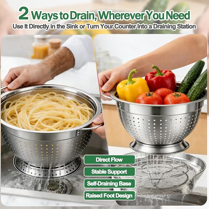 Strainers and Colanders for Kitchen, 3-Piece Stainless Steel Set Pasta and Rice Strainer with Handles, Raised Draining Base for Easy Counter Use (7”, 9”, 11”) - Image 5